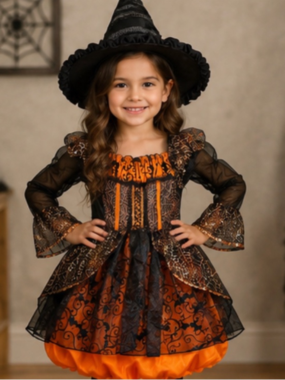 Girls Black & Orange Witch Costume Dress with Hat